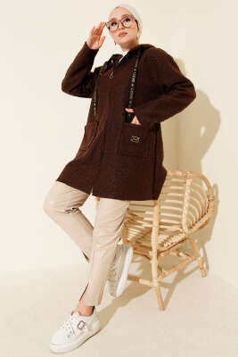 Fermuarlı Cep Armalı Buklet Kaban Kahve - Thumbnail