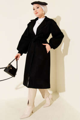 Kruvaze Yaka Balon Kol Kuşaklı Kaşe Kaban Siyah - Thumbnail