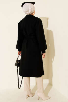 Kruvaze Yaka Balon Kol Kuşaklı Kaşe Kaban Siyah - Thumbnail