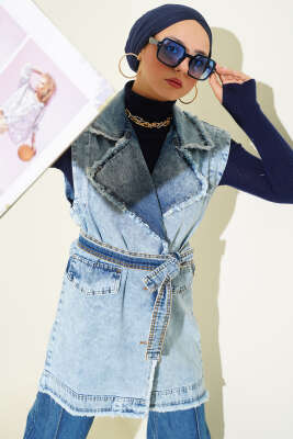 Pazarium - Püskül Detaylı Cep Kapaklı Kot Yelek Kot Mavisi