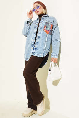 Etnik Desenli Püsküllü Kot Ceket Kot Mavisi - Thumbnail