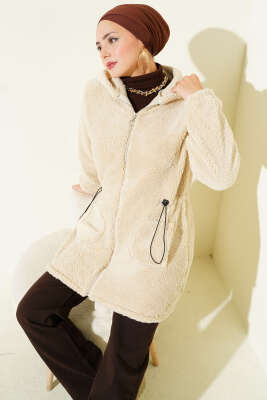 Pazarium - Bel Tünelli Lastikli Peluş Hırka Bej