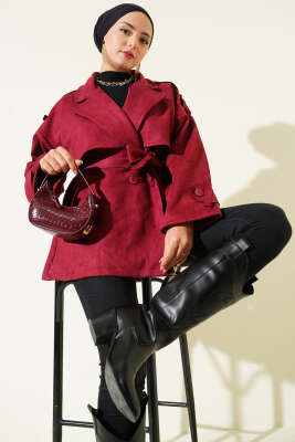 Pazarium - Süet Pelerinli Kuşaklı Trençkot Bordo