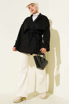 Süet Pelerinli Kuşaklı Trençkot Siyah - Thumbnail