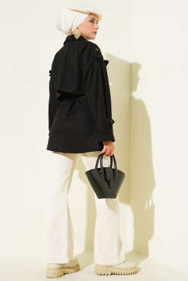 Süet Pelerinli Kuşaklı Trençkot Siyah - Thumbnail