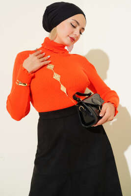 Pazarium - Balıkçı Yaka Fırfırlı Triko Kazak Oranj