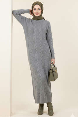 Pazarium - Kıvrım Örgülü Triko Elbise Gri