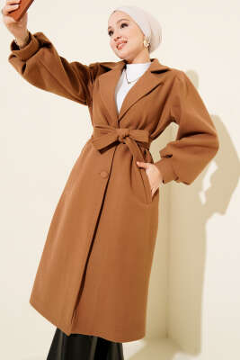 Kruvaze Yaka Balon Kol Kuşaklı Kaşe Kaban Camel - Thumbnail