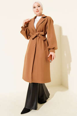 Kruvaze Yaka Balon Kol Kuşaklı Kaşe Kaban Camel - Thumbnail