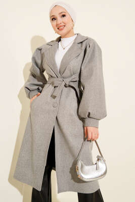 Kruvaze Yaka Balon Kol Kuşaklı Kaşe Kaban Gri - Thumbnail