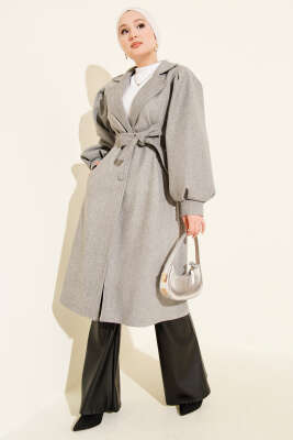 Kruvaze Yaka Balon Kol Kuşaklı Kaşe Kaban Gri - Thumbnail