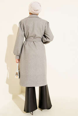 Kruvaze Yaka Balon Kol Kuşaklı Kaşe Kaban Gri - Thumbnail