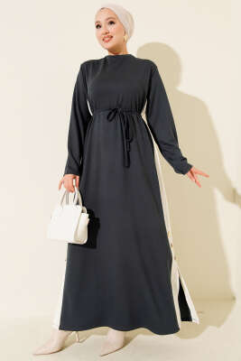 Pazarium - Loyşa Yan Şeritli Elbise Füme