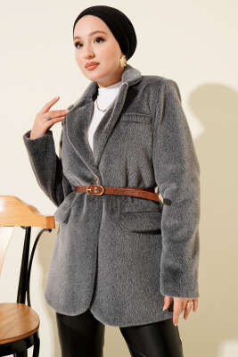 Pazarium - Tek Düğmeli Kemerli Sakallı Ceket Füme