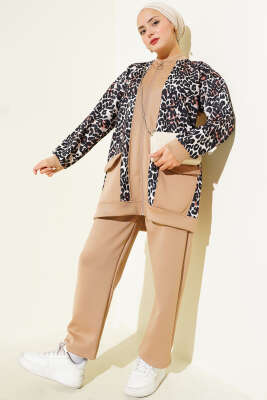 Pazarium - Çift Cepli Leopar Garnili İkili Takım Latte