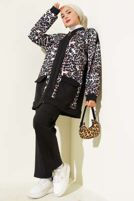 Pazarium - Çift Cepli Leopar Garnili İkili Takım Siyah