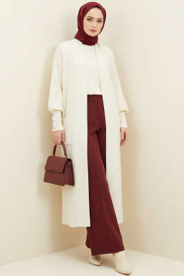 Kol Ucu Düğmeli Şal Yaka Triko Hırka Krem - Thumbnail