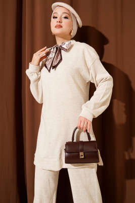 Pazarium - Fularlı Triko İkili Takım Bej