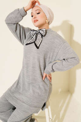 Pazarium - Fularlı Triko İkili Takım Gri