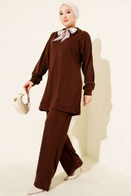 Fularlı Triko İkili Takım Kahve - Thumbnail