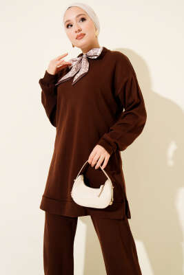 Fularlı Triko İkili Takım Kahve - Thumbnail