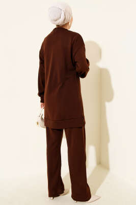 Fularlı Triko İkili Takım Kahve - Thumbnail