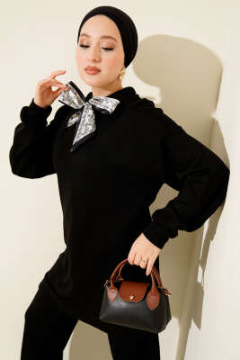 Pazarium - Fularlı Triko İkili Takım Siyah