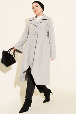 Pazarium - Kruvaze Yaka Asimetrik Kaşe Kaban Gri