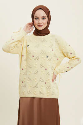 Kol Bağcıklı Çiçek Nakışlı Triko Kazak Sarı - Thumbnail