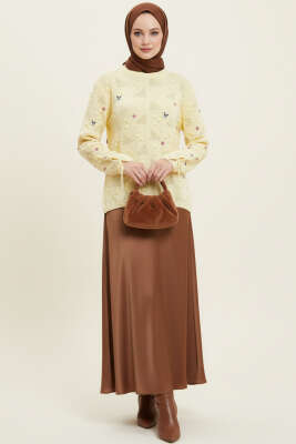 Kol Bağcıklı Çiçek Nakışlı Triko Kazak Sarı - Thumbnail