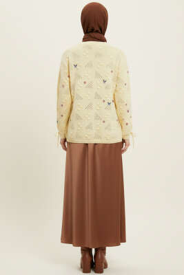 Kol Bağcıklı Çiçek Nakışlı Triko Kazak Sarı - Thumbnail