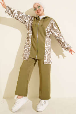 Pazarium - Kapüşonlu Desenli Scuba İkili Takım Çağla Yeşili