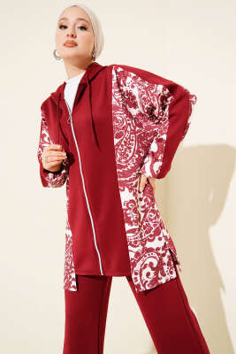 Pazarium - Kapüşonlu Desenli Scuba İkili Takım Bordo