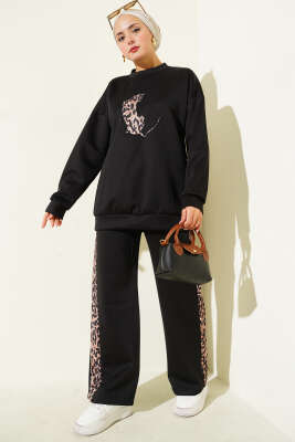 Pazarium - Leopar Şeritli İkili Scuba Takım Siyah