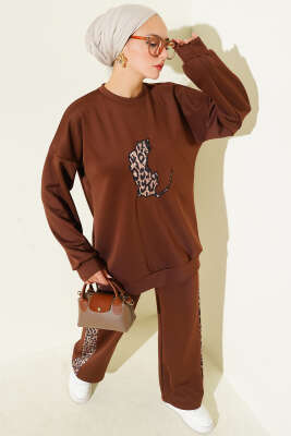 Leopar Şeritli İkili Scuba Takım Kahve - Thumbnail