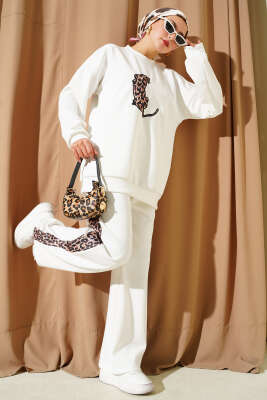 Leopar Şeritli İkili Scuba Takım Ekru - Thumbnail