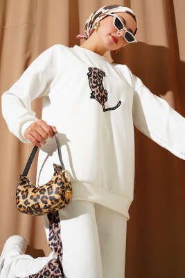 Leopar Şeritli İkili Scuba Takım Ekru - Thumbnail