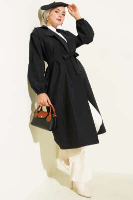 Pazarium - Kruvaze Yaka Balon Kol Kuşaklı Trençkot Siyah