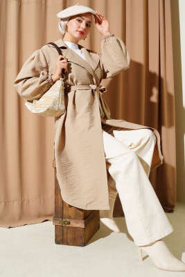 Pazarium - Kruvaze Yaka Balon Kol Kuşaklı Trençkot Bej