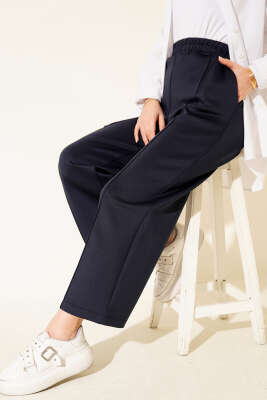 Pazarium - Bel Lastikli Geniş Paça Scuba Pantolon Lacivert