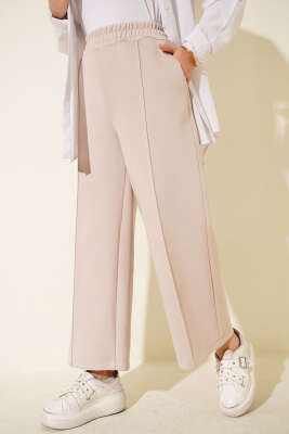 Pazarium - Bel Lastikli Geniş Paça Scuba Pantolon Bej