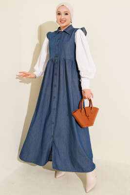Pazarium - Düğmeli Kot Jile Elbise Koyu Mavi
