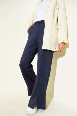 Pazarium - Paçası Yırtmaçlı Scuba Pantolon Lacivert