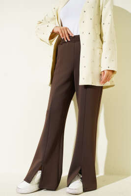 Pazarium - Paçası Yırtmaçlı Scuba Pantolon Kahve