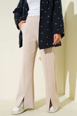 Pazarium - Paçası Yırtmaçlı Scuba Pantolon Bej