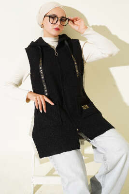 Pazarium - Kapüşonlu Buklet Yelek Siyah