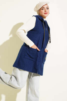 Pazarium - Kapüşonlu Buklet Yelek Lacivert