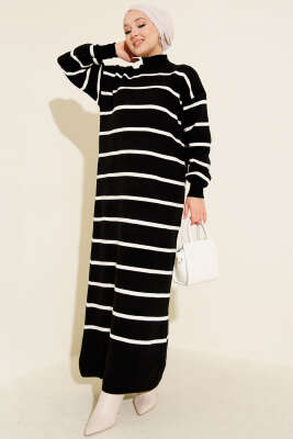 Pazarium - Yatay Çizgili Balıkçı Yaka Triko Elbise Siyah