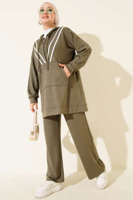 Pazarium - Şeritli Yarım Fermuarlı Loyşa İkili Takım Haki