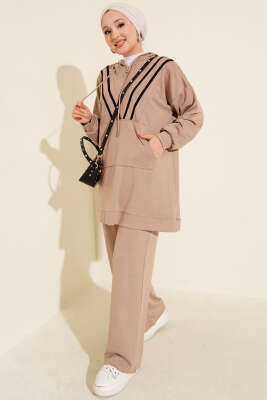 Pazarium - Şeritli Yarım Fermuarlı Loyşa İkili Takım Bej